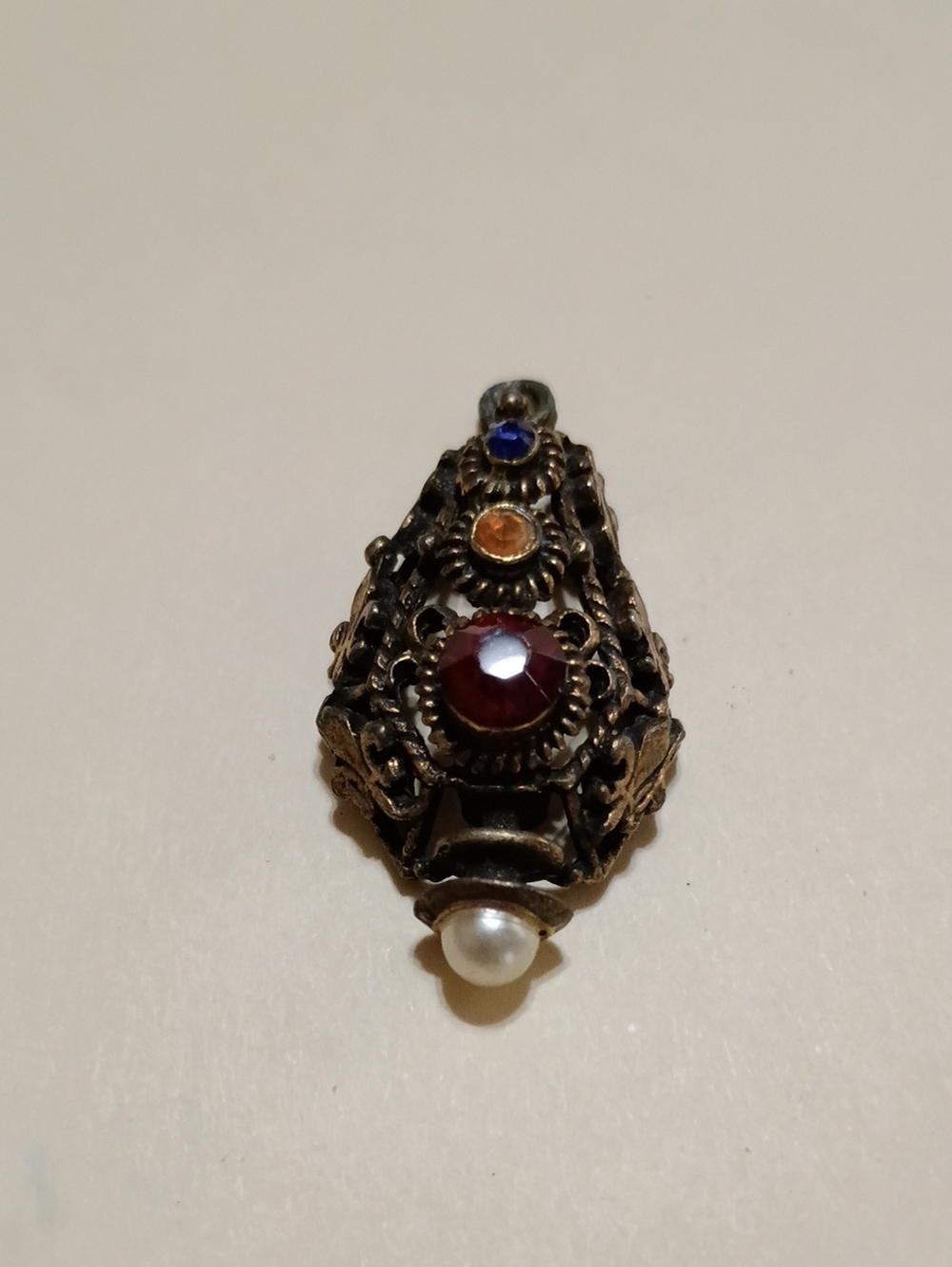 Vintage-Inspired Filigree Pendant with Red, Blue, Amber Stones and Pearl